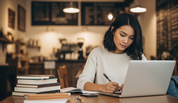 A beautiful woman in a coffee shop. She's on her laptop, studying with her book and pen. She's getting ready for back to school.