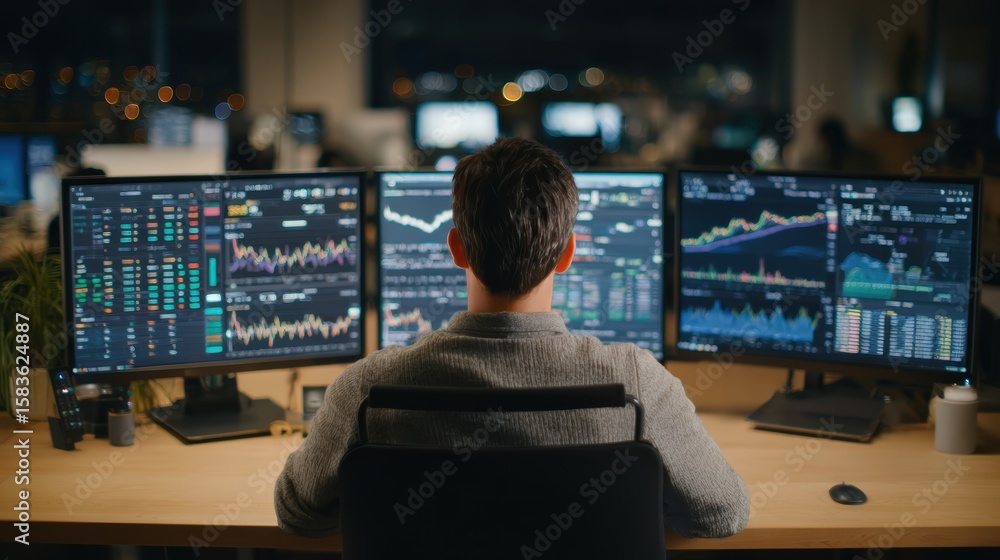 Poster a focused individual monitors multiple screens displaying stock market data in a modern office envir