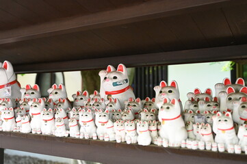 Unique Japanese Lucky Cat Statues Decorated by Tourists Sit on a Shelf at the Gotokuji Lucky Cat Temple