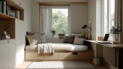 Compact bedroom interior with smart space utilization. Features functional furniture and minimalist design, perfect for small apartments or limited living areas.