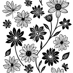 Elegant Black and White Floral Vector Illustration with Delicate Outlines