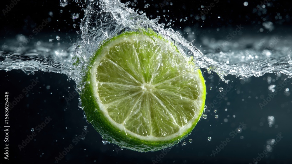 Aufkleber a fresh lime slices splashing into clear water, creating ripples and bubbles against a dark backgrou