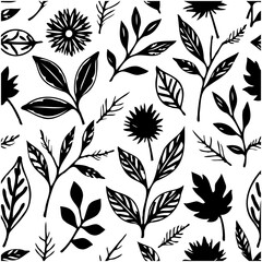 Elegant monochrome botanical pattern with leaves and flowers for textile design