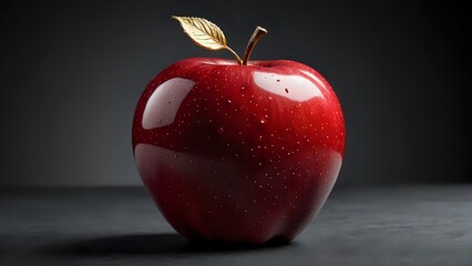 Red Apple with Golden Leaf A Symbol of Freshness and Health, isolated on a dark background.