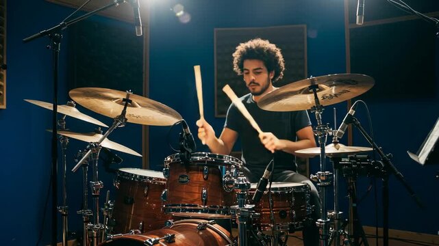 Professional Drummer Performing with Drum Set in Recording Studio with Acoustic Panels and Spot Lighting During Music Session