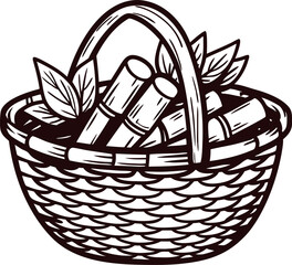 Fototapeta premium Hand drawn wicker basket with sugar cane stalks and leaves isolated on white background vintage engraved sketch