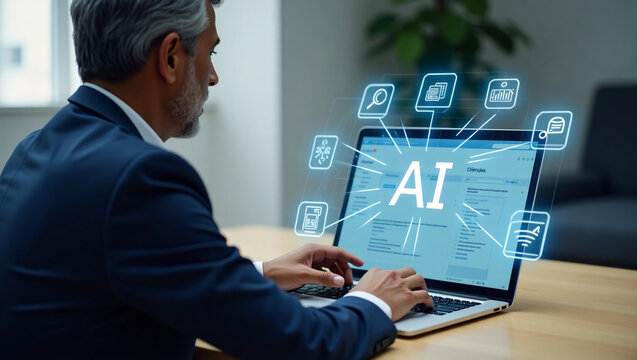 A man in a suit works on a laptop with a glowing "AI" interface, in an office setting. - Powered by Adobe