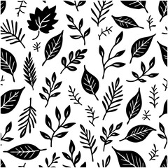 Seamless vector pattern of various hand-drawn leaves and branches for backgrounds