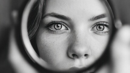 Close-up grayscale portrait of a woman looking at herself in a mirror
