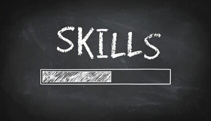 Chalkboard progress bar with word SKILLS above representing learning, growth, practice, and personal development process over time