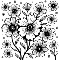 Floral arrangement with intricate line art in black and white botanical illustration