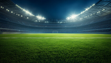 Football stadium with bright spotlights shining over a green grassy field under a scenic sky at sunset