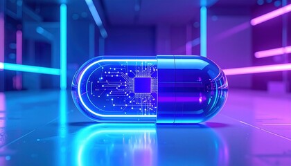 Futuristic concept of a glowing pill embedded with digital circuits representing advanced medicine or biotech