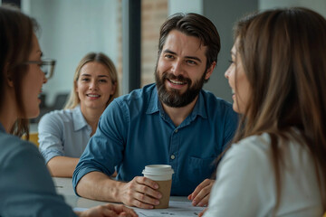 Fototapeta premium Diverse group of colleagues collaborating and smiling during a business meeting