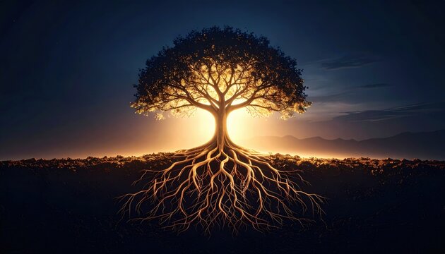 A radiant tree glowing with inner light and visible roots, symbolizing life, connection, grounding, and the cycle of nature