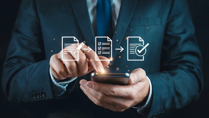 Businessman interacts with a smartphone and digital document icons, reflecting modern workflow, data management, and efficient business operations utilizing mobile technology.
