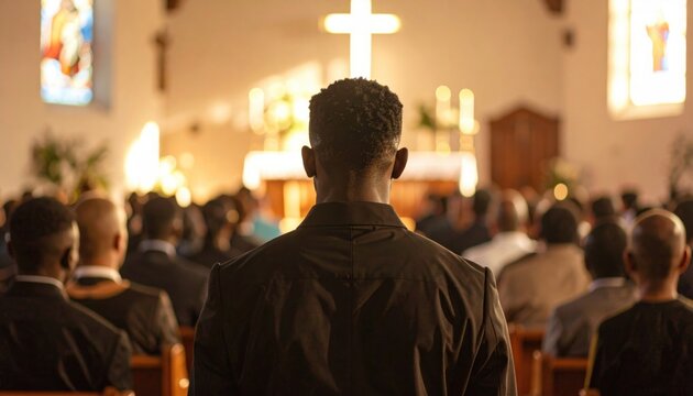 A man stands in church facing a glowing cross during a service, representing faith, hope, community, and spiritual reflection in worship - Powered by Adobe