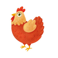 Cute cartoon hen illustration, hand-drawn crayon style. Farm bird artwork for kids designs, nursery wall art, baby printables, educational materials, farm-themed posters. High-resolution