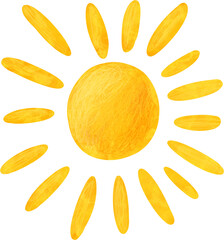 Sun illustration. Cute yellow bright friendly shaped sun. Colored pencils hand drawn style. Children illustration