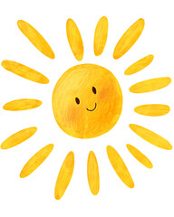 Sun illustration. Cute yellow bright friendly sun with a smile. Colored pencils hand drawn style. Children illustration