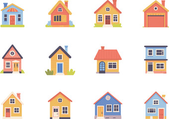 Set of twelve colorful cartoon houses with playful architecture, small family homes in flat style, ideal for game design, real estate, or web icons