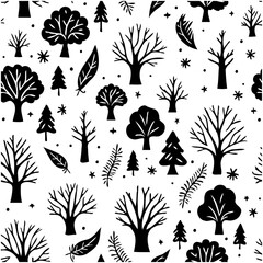 Seamless vector pattern with winter trees and snowflakes in monochrome style