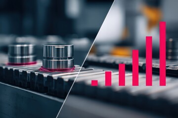 Machine parts move along conveyor belt, with ascending red bar graphs overlaid