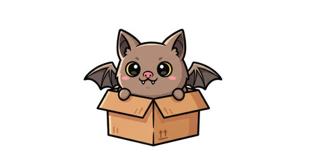 Cute Cartoon Bat Peeking from Box, Whimsical Character, Fun Illustration, Playful Design