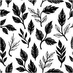 Seamless botanical pattern of leaves and branches in black and white style