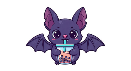 Cute Cartoon Bat Enjoying Bubble Tea in Whimsical Style Illustration