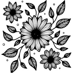 Elegant floral arrangement in black and white line art drawing style illustration