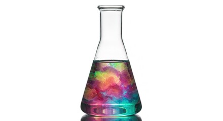 Erlenmeyer flask with colorful liquid on white background