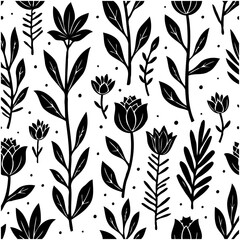 Elegant Black and White Floral Pattern with Delicate Leaves and Flower Silhouettes
