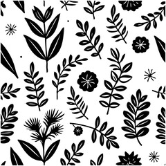 Elegant botanical seamless pattern with black leaves and flowers on white background