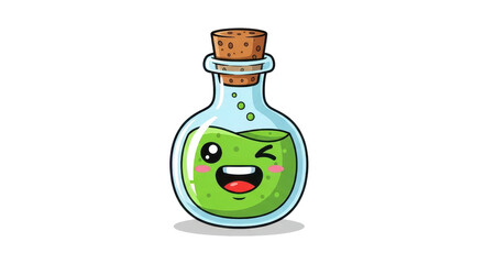 Exciting Potion Experiment, Smiling Green Flask, Laboratory, Illustration, Scientific Setting, Close-Up, Whimsical Concept