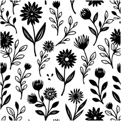 Floral Vector Pattern: Seamless Black and White Botanical Design for Fabrics and Backgrounds