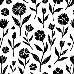 Elegant seamless pattern featuring hand-drawn floral elements in black and white color