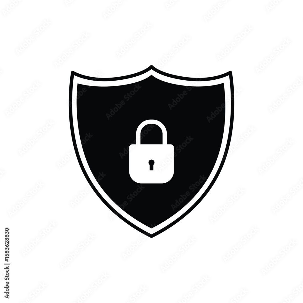 Poster minimalistic security icon featuring a padlock inside a shield, symbolizing protection and privacy i