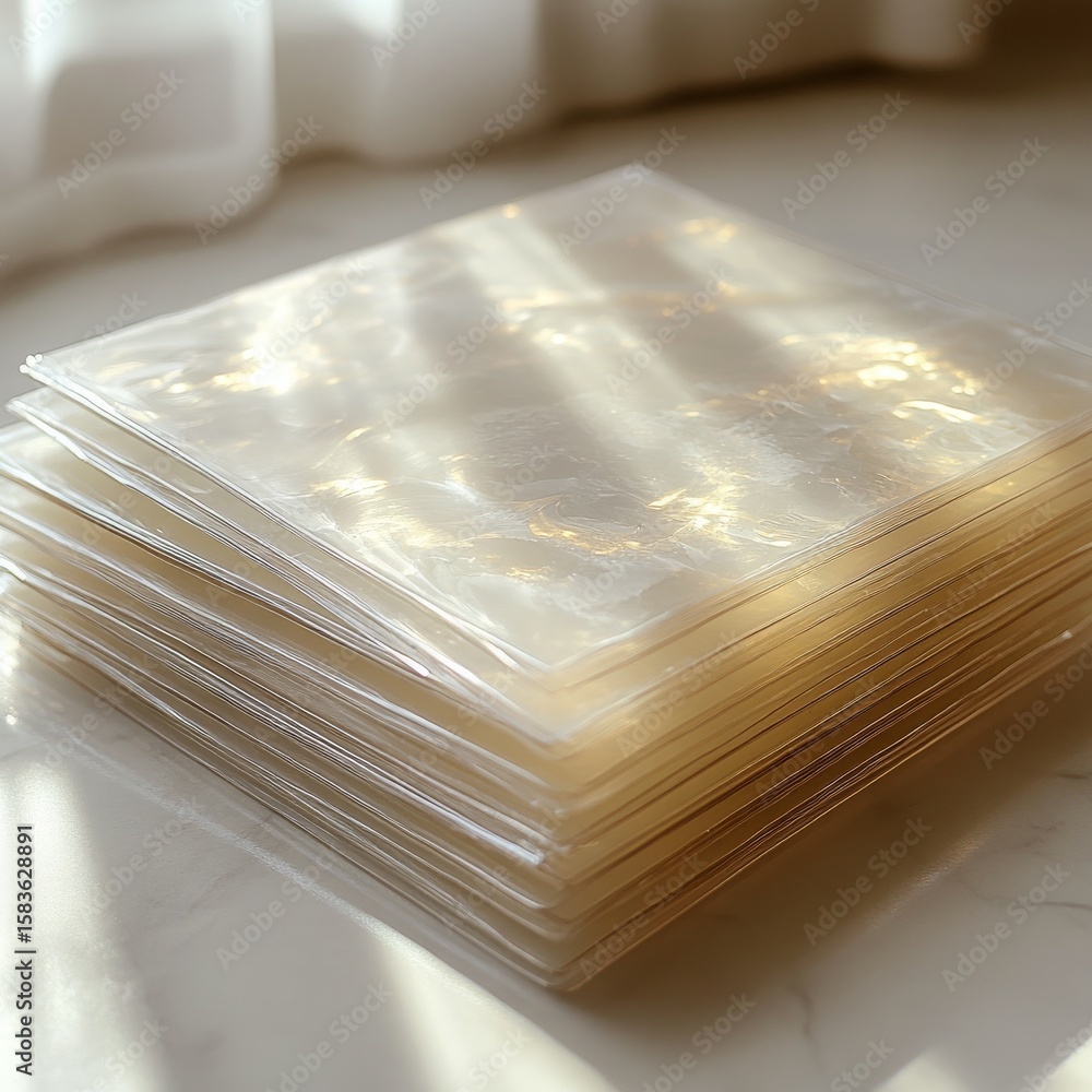 Poster a stack of pearlized mica sheets gleaming under soft light: translucent layers displaying subtle tex