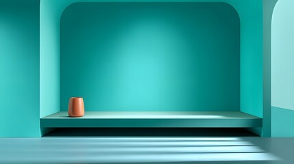 Contemporary Minimalist Interior Design Featuring a Turquoise Walls and an Orange Vase on a Shelf