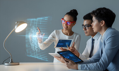 Team collaborating on futuristic technology interface with digital data on tablets and screens