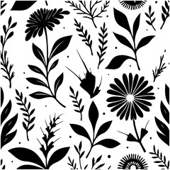 Monochrome floral pattern featuring silhouette style flowers and various foliage elements