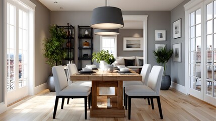 Fototapeta premium Modern Interior Dining Room with Sleek Furniture and Abundant Natural Light and Decorative Plants