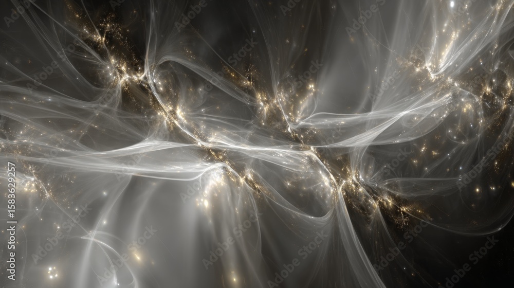 Poster ethereal abstract background with light trails and sparkling particles in grey and white tones for c