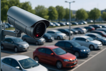 Modern CCTV camera monitoring a public car parking area