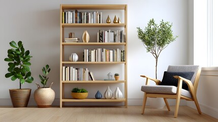 Fototapeta premium Modern Wooden Bookshelf Displaying Books and Decorative Items in a Cozy Living Room Environment