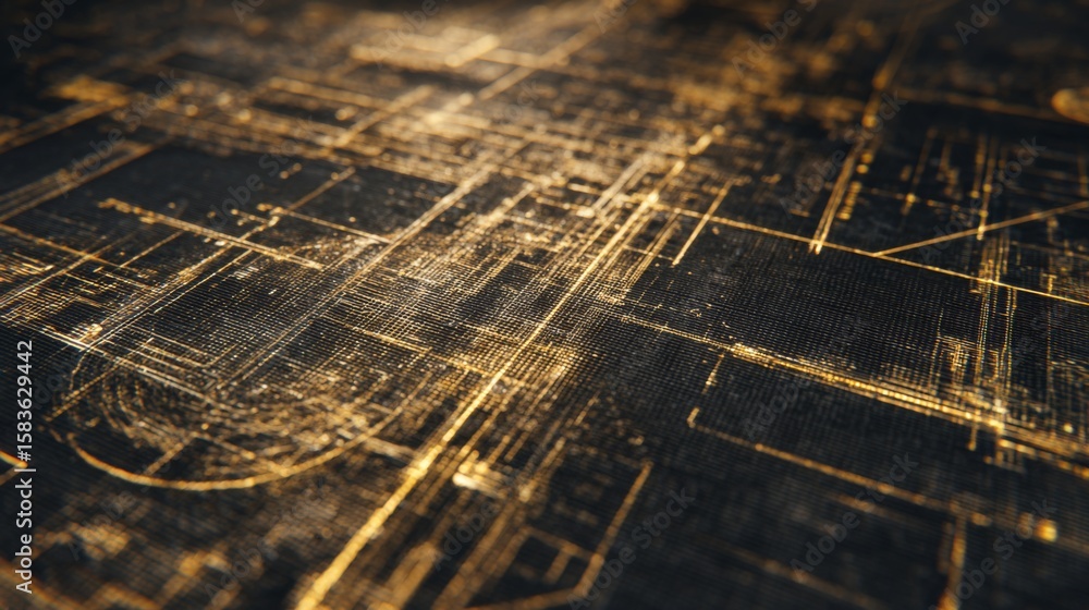 Poster abstract digital art with golden lines and dark background, creating a modern and elegant design for
