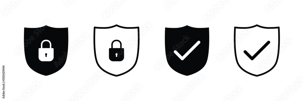 Poster security shield icon set. shield with lock icon set. check mark icon symbols vector.