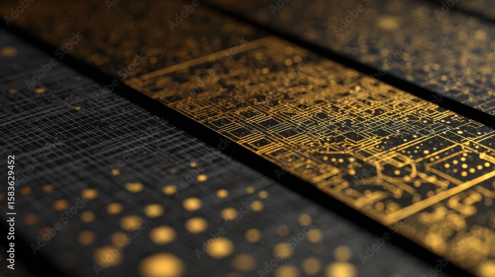 Poster abstract geometric patterns with golden accents on a black background showcasing intricate design de