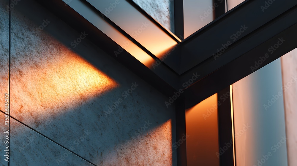 Poster close-up of geometric architecture highlighted by warm sunset light and textured surfaces